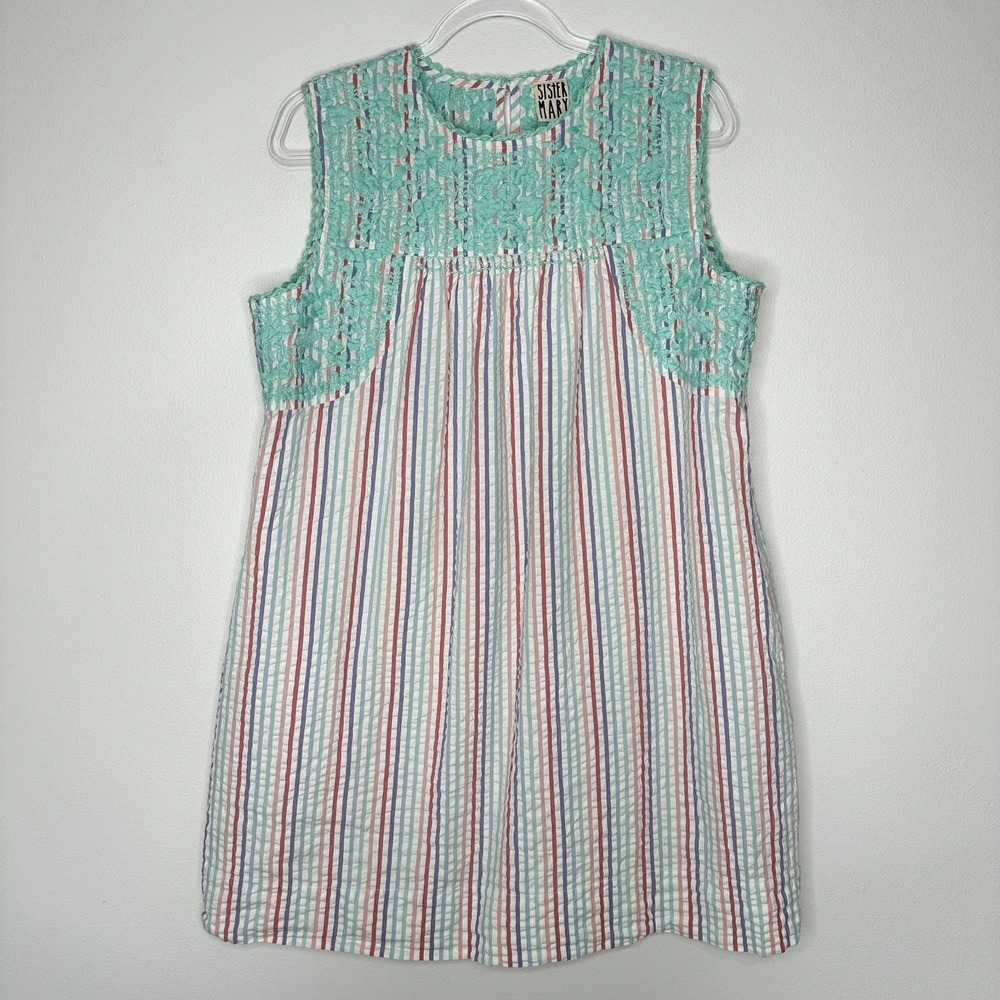 Sister Mary Mini Shift Seersucker Dress‎ Size M Embroidered White Blue